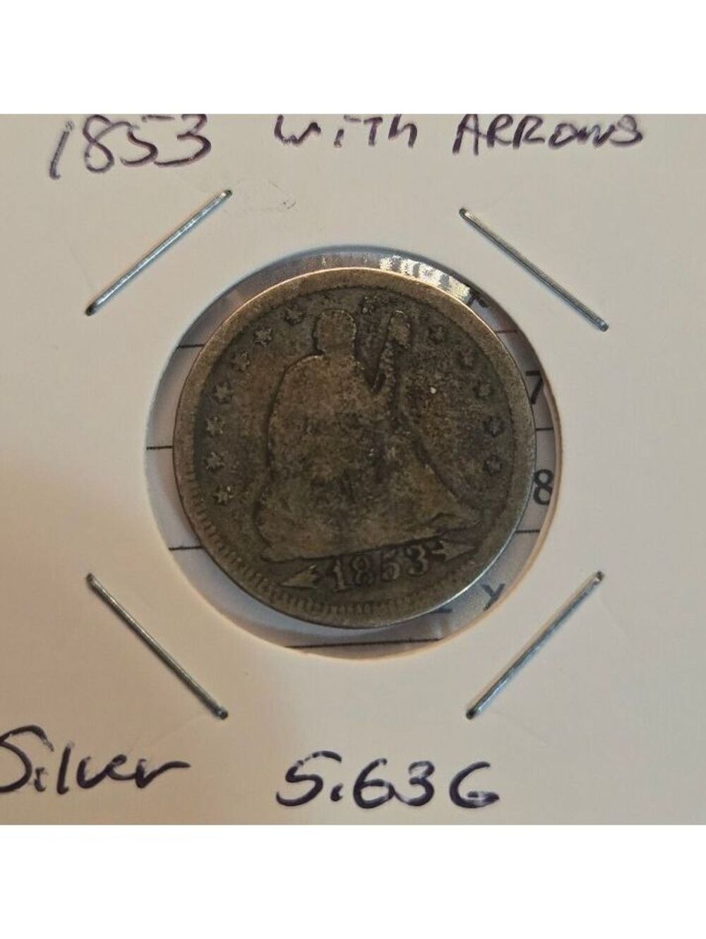 1853 Seated Liberty Quarter Dollar with Arrows and Rays Silver Coin